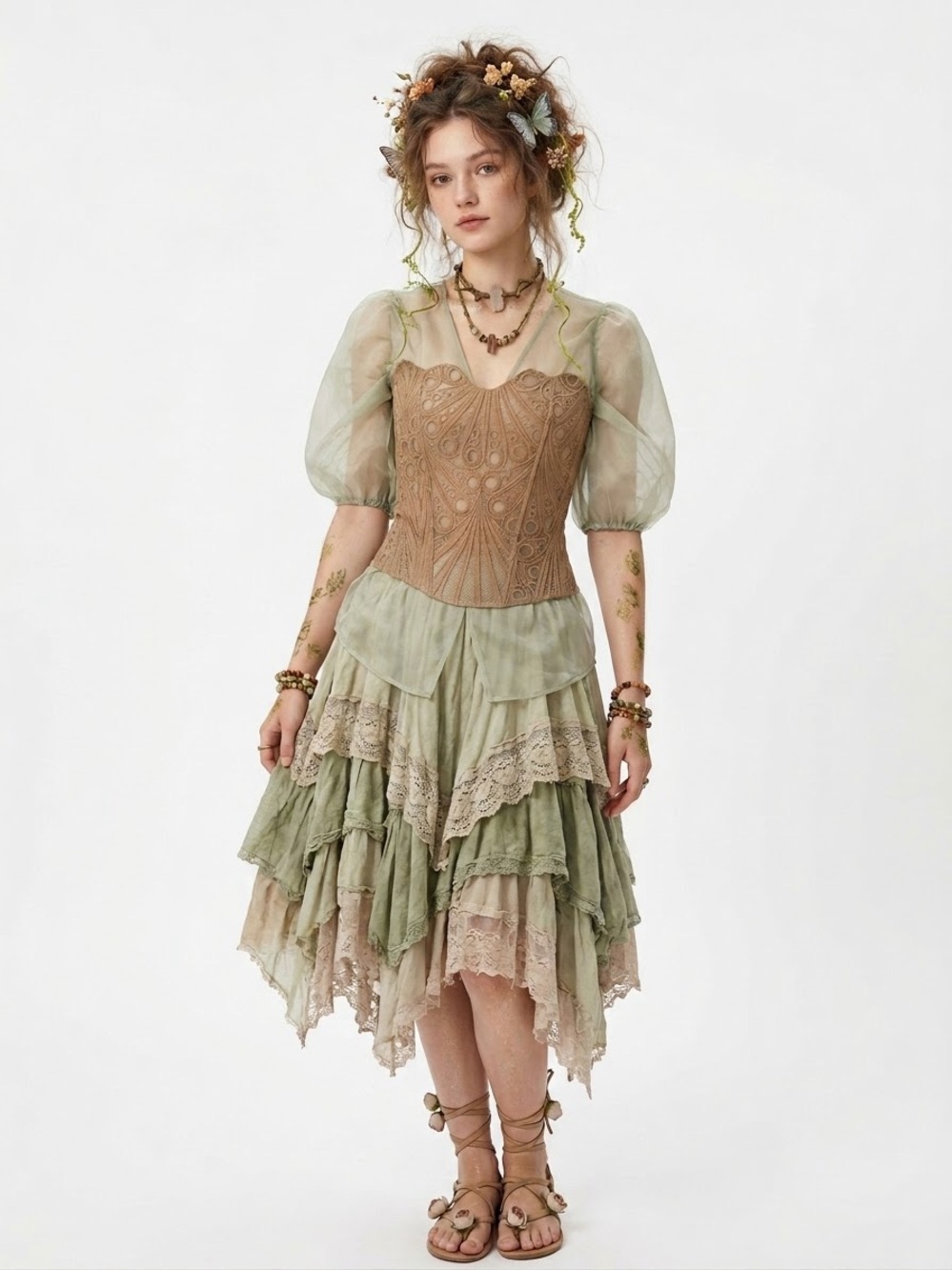Boho Goblincore Sheer Embroidered Corset Bustier Earthy Hobbit Fairycore Lace Up
